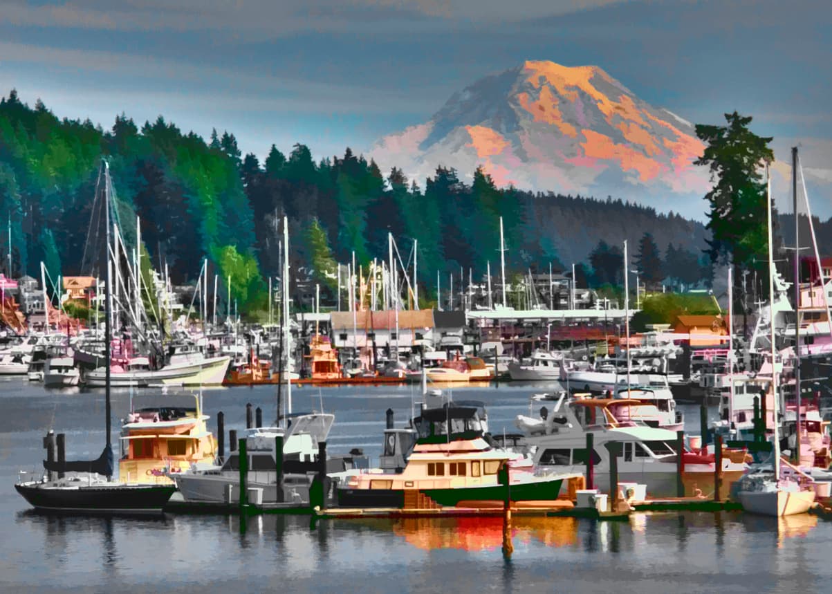 Boats in a scenic harbor like Gig Harbor