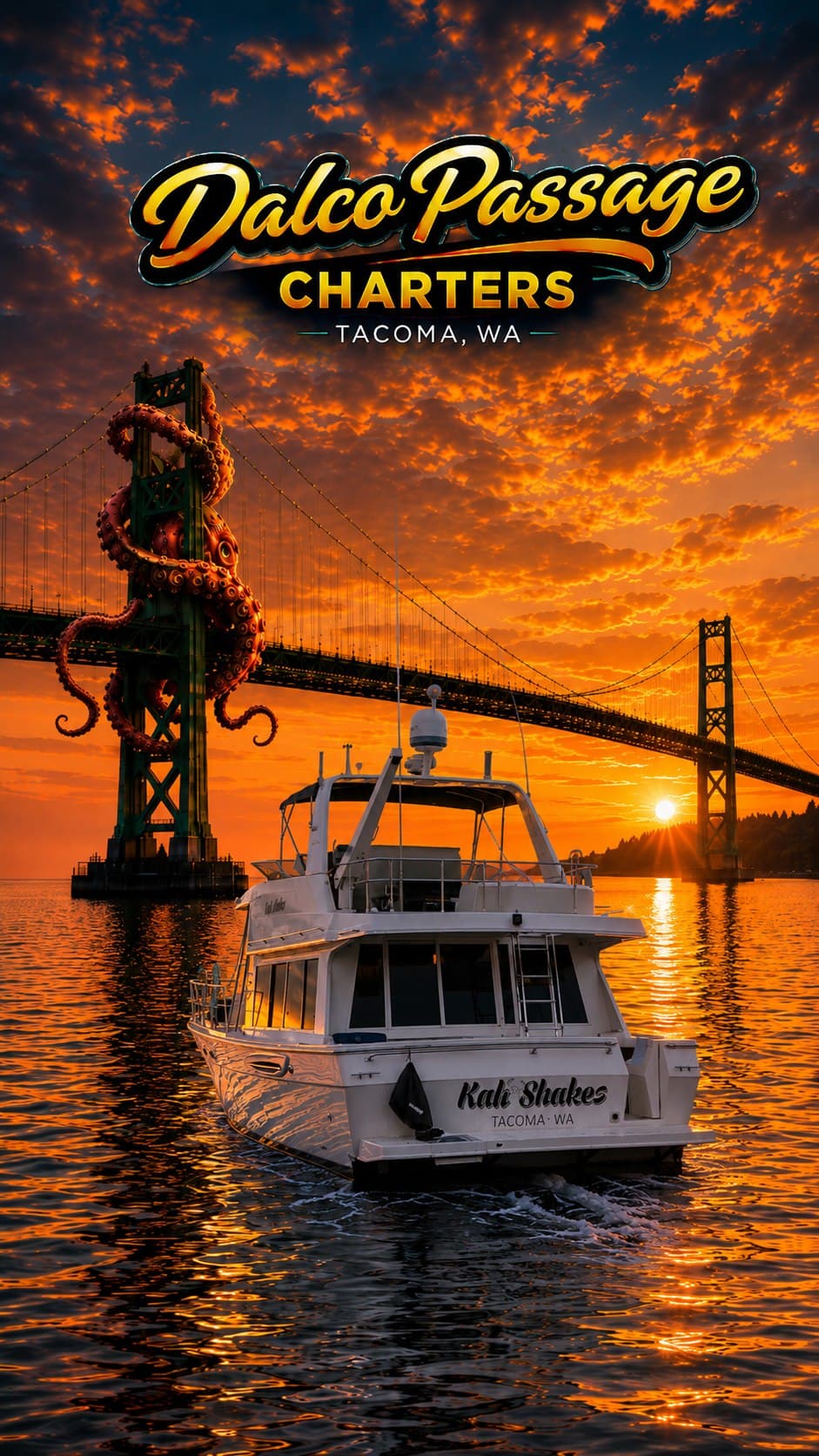 Dalco Passage Charters yacht Kali Shakes cruising beneath the Tacoma Narrows Bridge at sunset