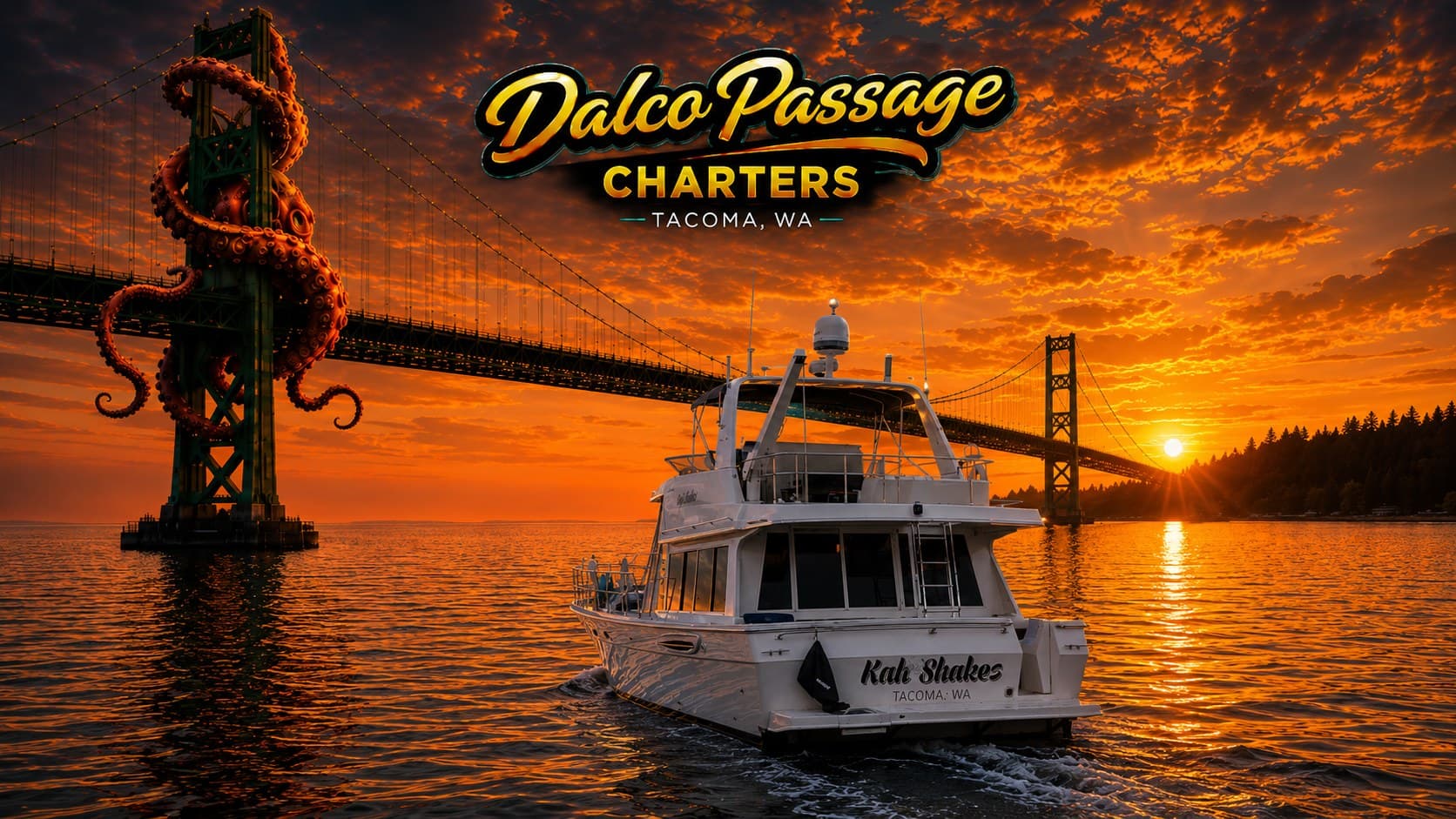 Dalco Passage Charters yacht Kali Shakes cruising beneath the Tacoma Narrows Bridge at sunset